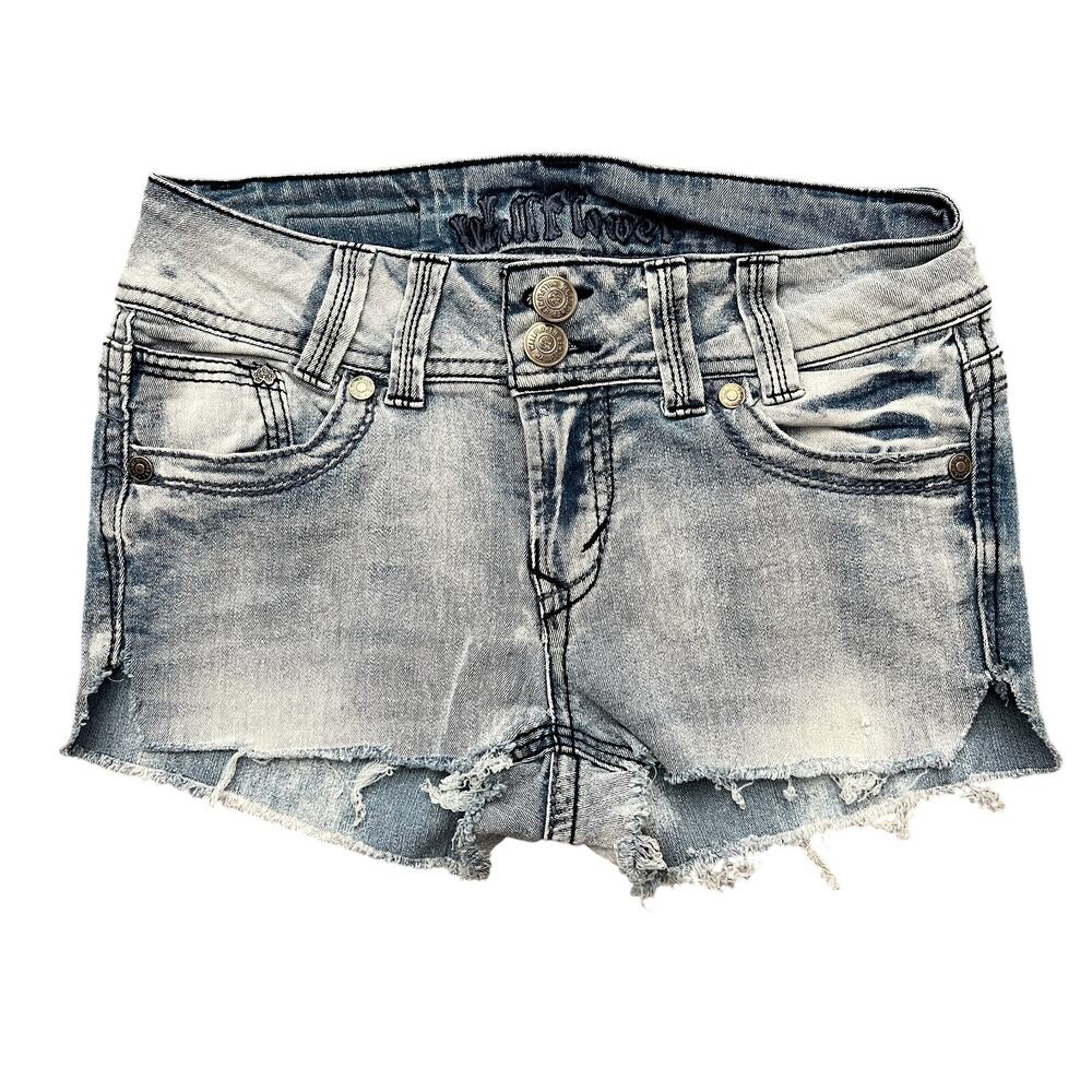 Wallflower Shortie Shorts Size 5 Low Rise Stretch Distressed Blue Denim Cut Off
